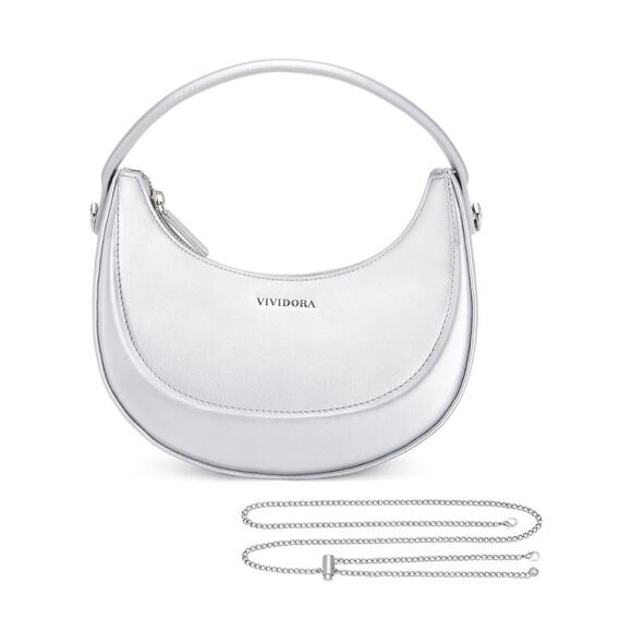 VIVIDORA Small Silver Handbag Crescent Shaped Zip Close New With Tags - Picture 1 of 7